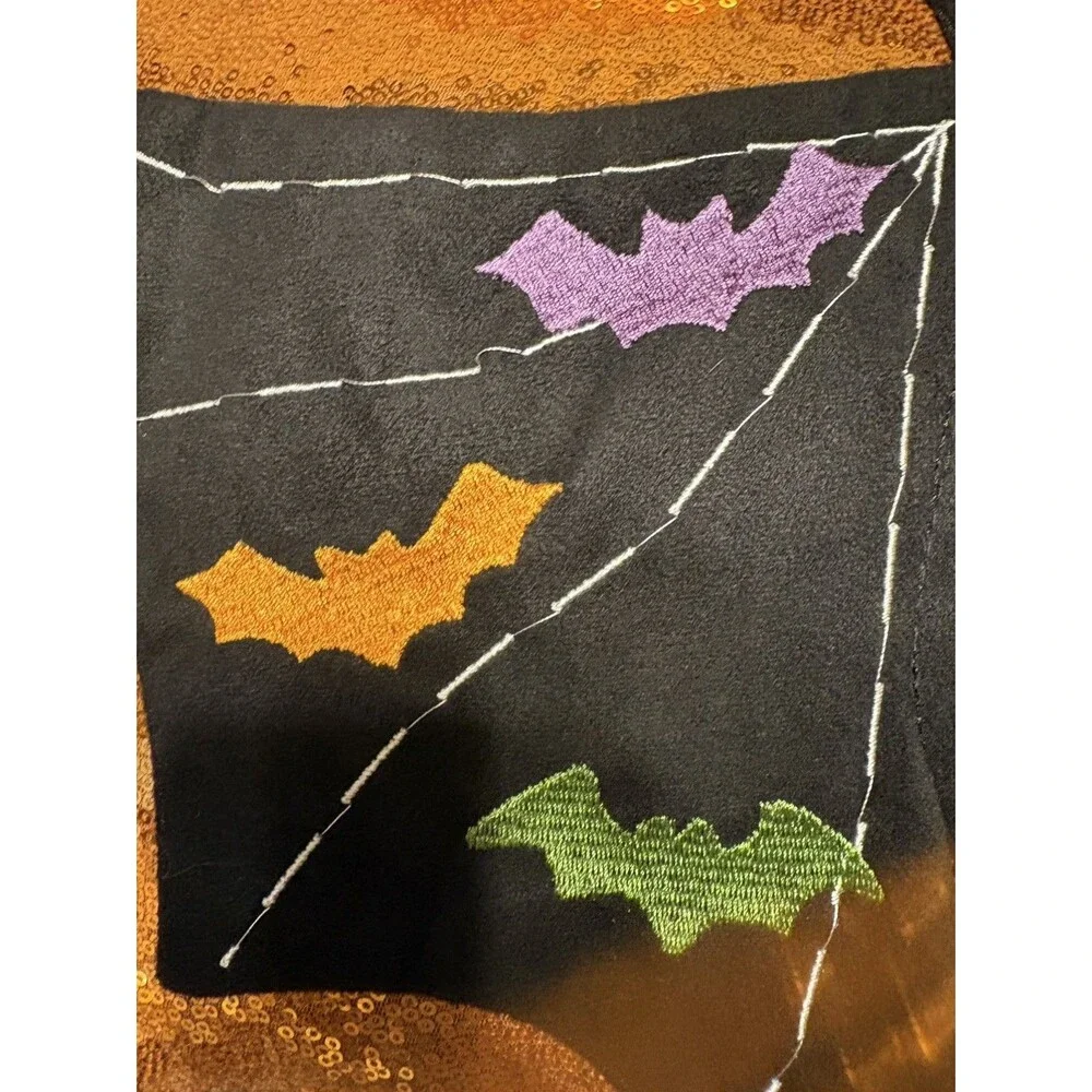 Halloween Decor Pillow Bat Just Hangin Around Purple/Orange Sequins 22 x 13
